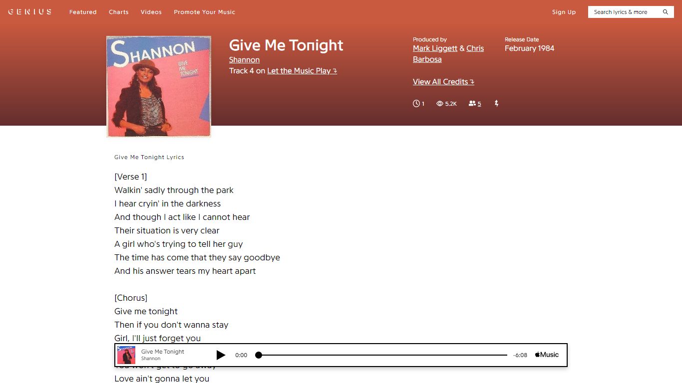 Shannon – Give Me Tonight Lyrics | Genius Lyrics